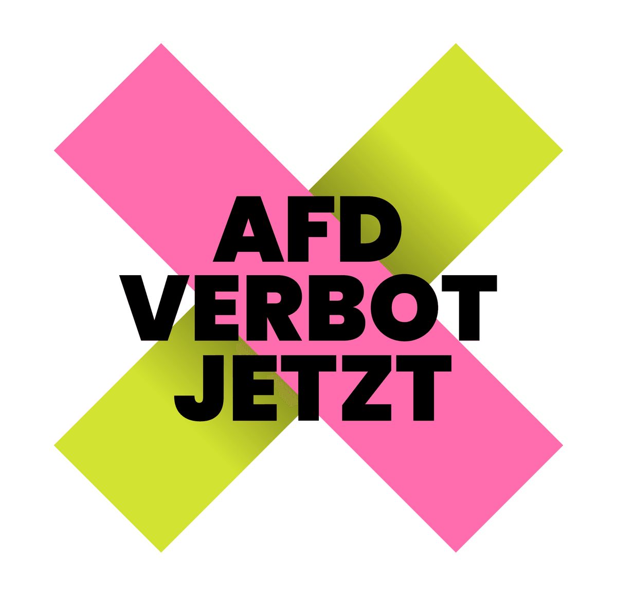 Logo der Kampagne, ein Kreuz aus einem rosa und einem grüngelben Balken, darüber die Schrift AFD-Verbot Jetzt